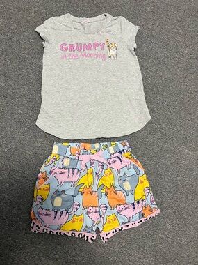 Girl’s Gray 'Grumpy in the Morning' Kitty Pajama Set with Colorful Cat Shorts